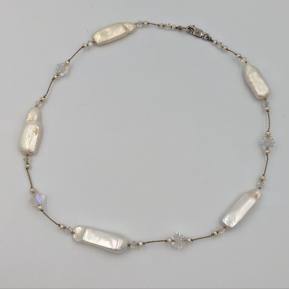 Beautiful Keshi Pearl Aurora Borealis Crystals Sterling Clasp Choker necklace - Picture 8 of 15